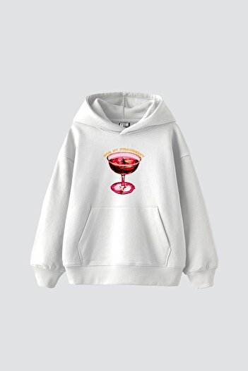 Sekizbiraltı Bite My Strawberry Printed Oversize Unisex Premium White Hoodie