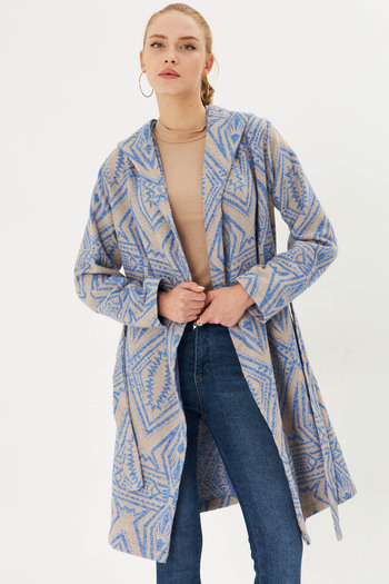 armonika Women's Blue Hooded Elastic Waist Pocket Detailed Coat Arm-25K 001054