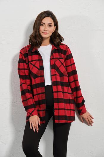 BUSA Red Plaid Maternity Lumberjack Shirt - Front Zipper