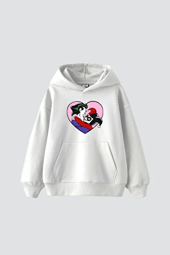 Sekizbiraltı Joker&Harley Printed Oversize Unisex Premium White Hoodie