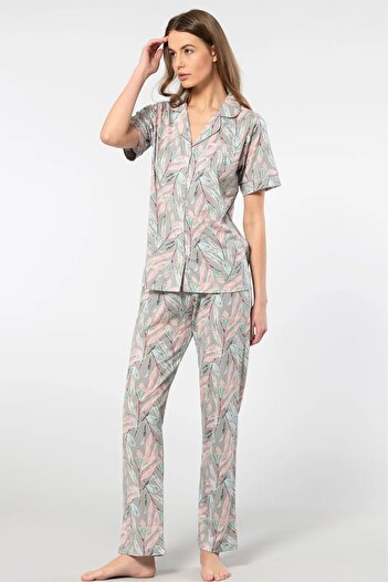 TÜREN 3395 Women's Short Sleeve Shirt Pajama Set-Grey