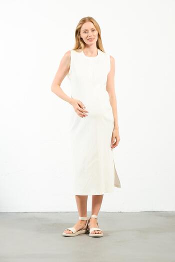 BUSA White Maternity Midi Dress - Side Slit, Zero Sleeve, Ribbed Design