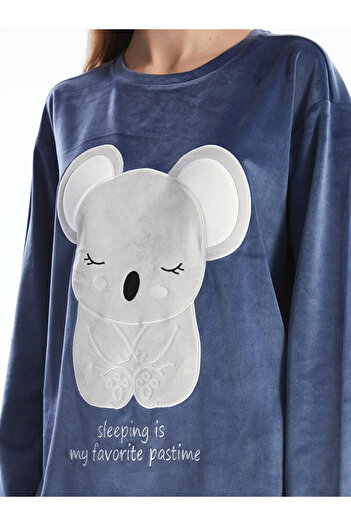 LC Waikiki Mat Mor H12 Bisiklet Yaka Nakışlı Uzun Kollu Kadife Kadın Pijama Takımı