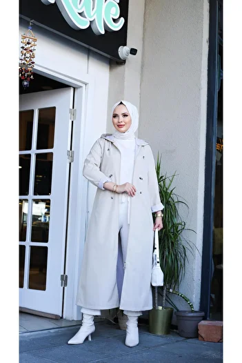 Marjinal City Light Cream Full Length Striped Trench Coat
