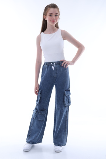 Asortik Kids Blugi pentru fete, 100% bumbac, cu buzunare cargo, cu talie elastică