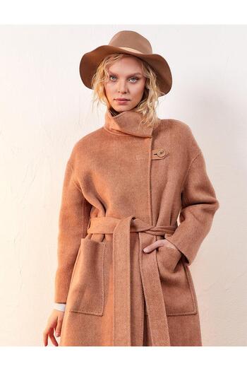 Kayra Premium Wool Double Pocket Double Breasted Coat Camel