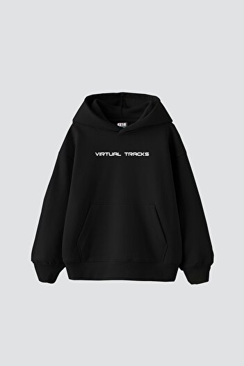 Sekizbiraltı Virtual Tracks Printed Oversize Unisex Premium Black Hoodie