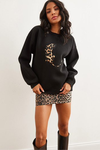 Olalook Black Leopard Patterned Raised Oversize Women's Sweatshirt - Swt- 19000698