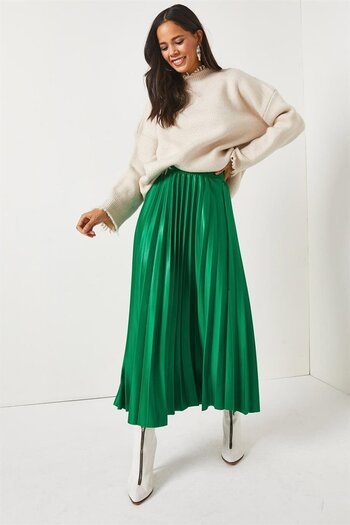 Olalook Grass Green Leather Appearance Pleated Bell Skirt ETK-19000233