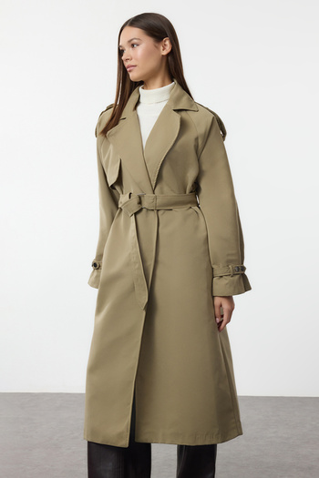 Trendyol Collection Light Khaki Belted Plush Neckline Trench Coat - Twoaw25Tr00025