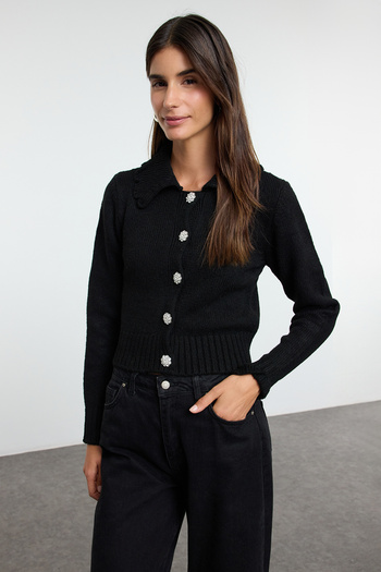Trendyol Collection Black Crop Soft Textured Jewel Buttoned Knitwear Cardigan Twoaw25Hi00098