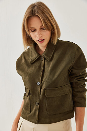 Bianco Lucci Women's Double Pocket Buttoned Suede Jacket 2499 60451011