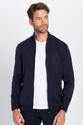 Tudors Men's Slim Fit Slim Fit Navy Blue Stand Collar Zippered Solid Cardigan