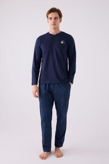 Arnetta Navy Blue Men's Pajama Set - Buttoned Collar, 100% Cotton