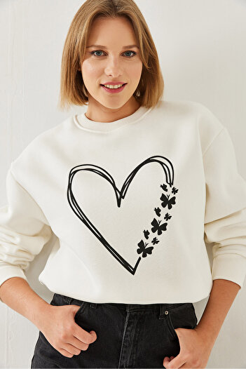 Bianco Lucci Women's Printed Heart Detail Crew Neck 3 Thread Raised Sweatshirt 60601026
