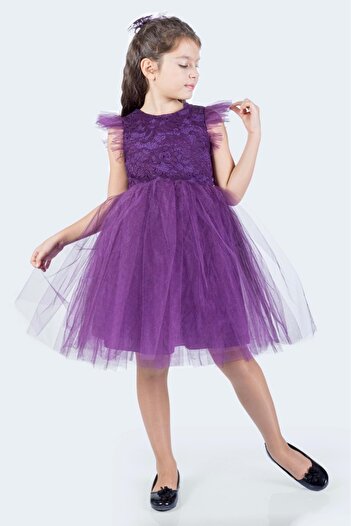 Mnk Baby&Kids Roza Dantel Tütü Kız Çocuk Abiye Elbise MNK0546 MÜRDÜM