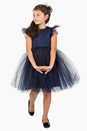 Mnk Baby&Kids Roza Dantel Tütü Kız Çocuk Abiye Elbise MNK0546 LACİVERT