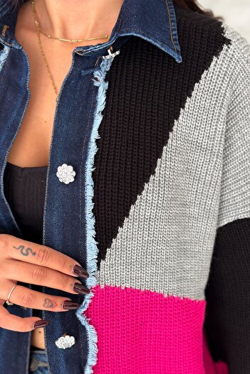 FEMELLE Women's Pink Standard Size Stone Buttoned Denim Detailed Design Oversize Knitwear Cardigan