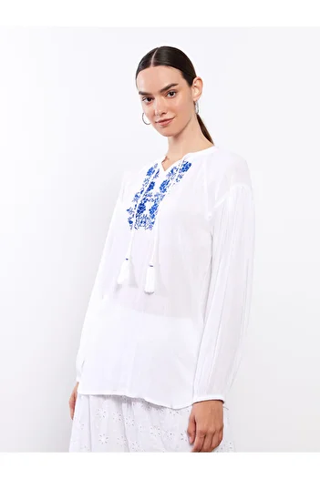 LC Waikiki Tie Collar Embroidered Long Sleeve Viscose Women's Blouse