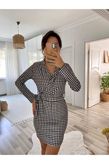 Gökyüzü Moda    Women's Long Sleeve Double Breasted Collar Tie Belt Diver Mini Size Dress