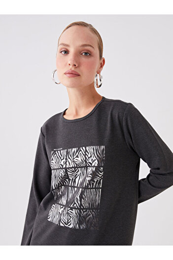 LC Waikiki Anthracite Crew Neck Printed Long Sleeve Women's Tunic
