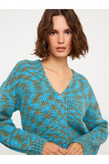 LC Waikiki Gemusterter, langärmliger Damen-Strick-Cardigan mit V-Ausschnitt