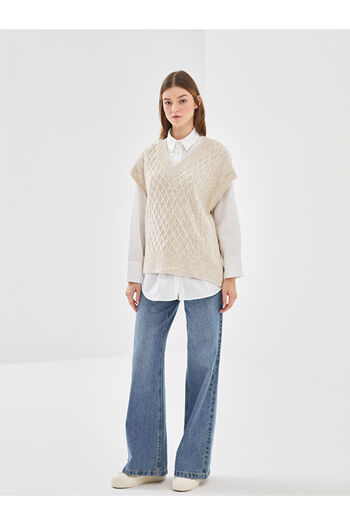 LC Waikiki Übergroßer, gemusterter Damen-Strickpullover mit V-Ausschnitt