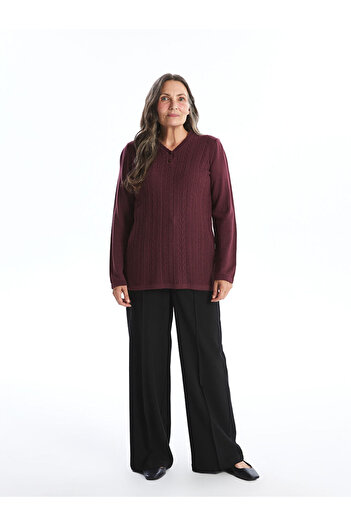 LC Waikiki V-Neck Self Patterned Long Sleeve Women's Knitwear Sweater - W4Ac80Z8