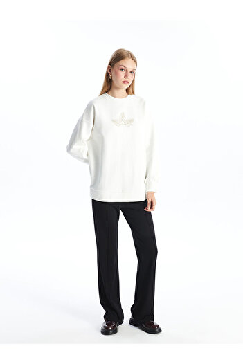 LC Waikiki Lcw Modest Ecru Crew Neck Embroidered Women's Sweatshirt Tunic