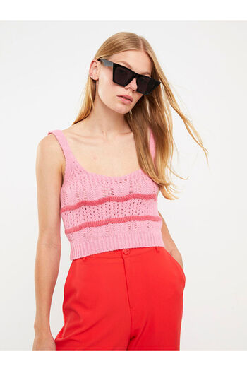 LC Waikiki Lcw Vision Fuchsia U-Neck Patterned Straps Crop Women's Knitwear Sweater