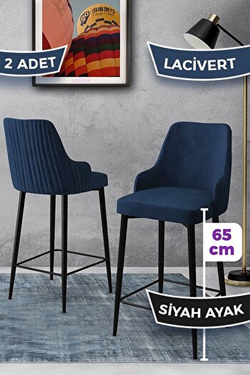 Canisa Tera Serisi 2 Lacivert Sandalye 65 Cm Ada Mutfak Bar Sandalyesi Babyface Kumaş Siyah Metal Ayaklı