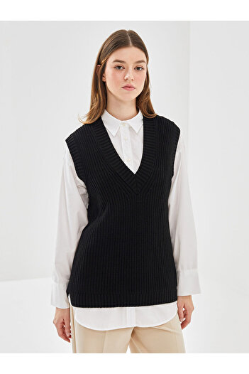 LC Waikiki Übergroßer Damen-Strickpullover mit V-Ausschnitt