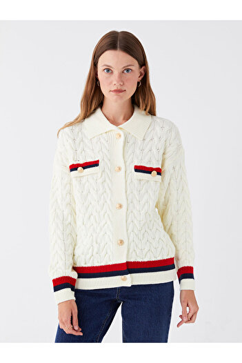LC Waikiki Ecru Shirt Collar Self Patterned Long Sleeve Women's Knitwear Cardigan
