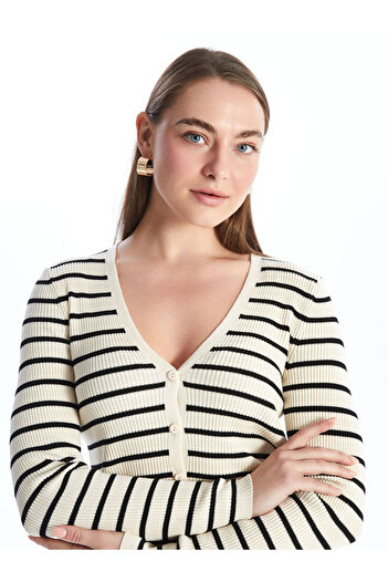 LC Waikiki Gestreifter Damen-Strickjacke mit langen Ärmeln und V-Ausschnitt