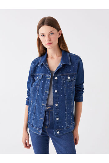 LC Waikiki Langärmlige Jeanshemdjacke für Damen mit glänzendem Steindruck