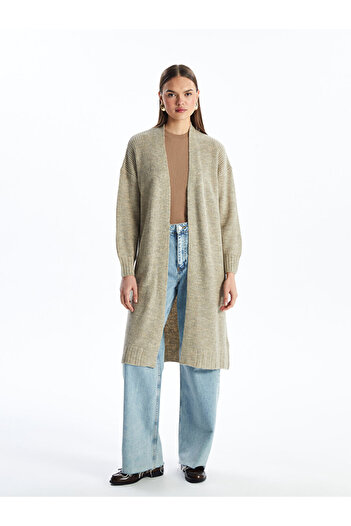 LC Waikiki Beige Shawl Collar Plain Long Sleeve Oversize Women's Knitwear Cardigan