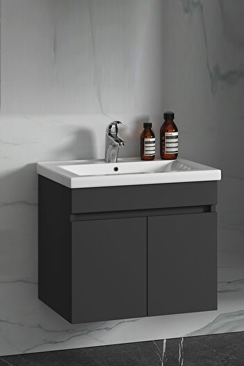 ÖZCEDEN Çiğdem 65 Cm Antrasit Gri Mat MDF Seramik Lavabolu Asma Banyo Alt Dolabı