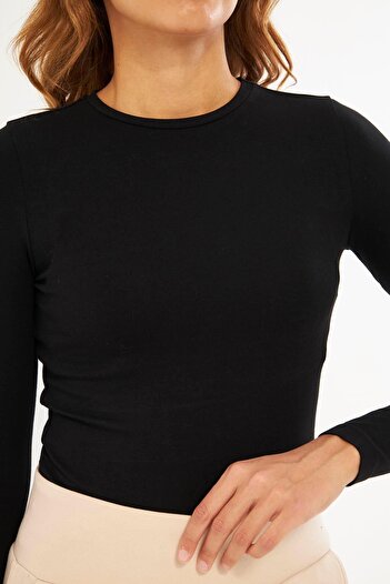 Chandraswear Women's Black Basic Round Neck Long Sleeve Blouse - Floris