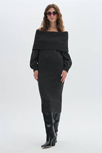 SHERIN Anthracite Shawl Collar Long Knitwear Dress