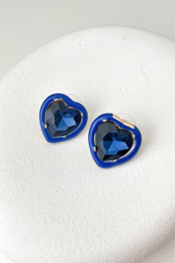 Modex Dark Blue Jewelled Enamel Heart Earrings (2cm)
