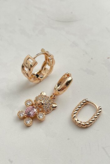 Modex Gold Color Teddy Bear Figured Triple Earrings Set