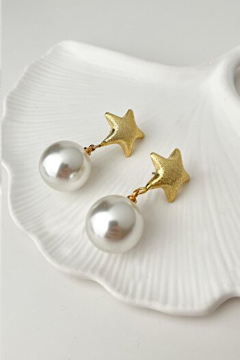 Modex Gold Color Star Ball Pearl Dangle Earrings (4cm)