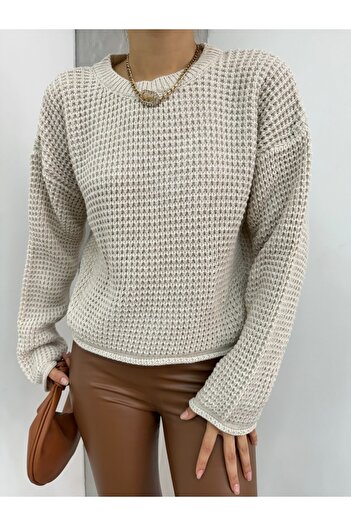 Modamorfo Stone Colored Round Neck Knitted Knitwear Sweater