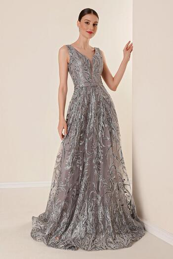 By Saygı Thick Straps Lined Silvery Flock Printed Long Dress