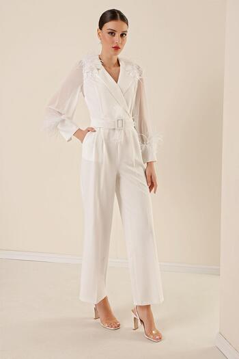 By Saygı Chiffon-Overall mit Federdetails, Ärmeln, Taillengürtel und Taschen