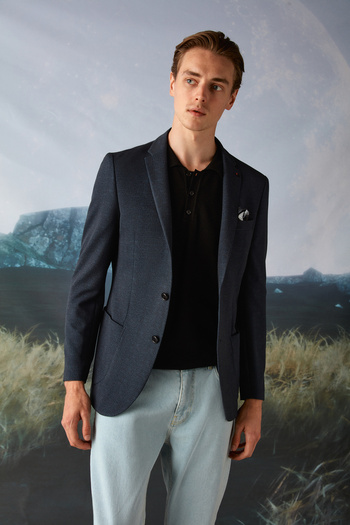 Tween Slim Fit Lacivert Melanj Viskon Karışımlı Sihirli Kumaş Ceket