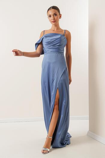 By Saygı Rope Strap Lined Front Gathered Long Satin Dress