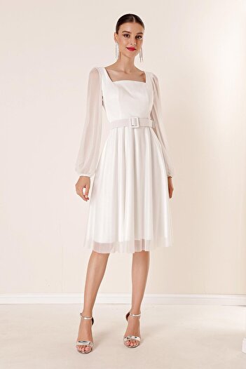 By Saygı Square Collar Belted Balloon Sleeve Lined Glitter Dress