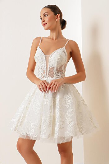 By Saygı Sheer Short Tulle Dress with Rope Strap Lining