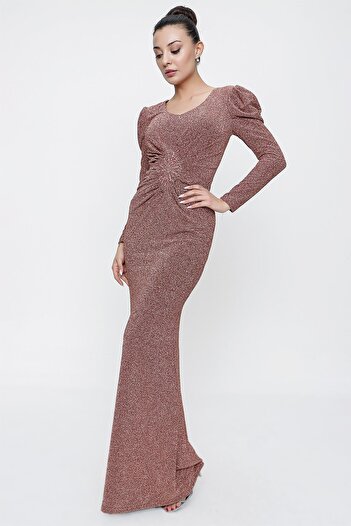 By Saygı Long Sleeve Silvery Long Dress with Lining and Diamond Detail on the Waist